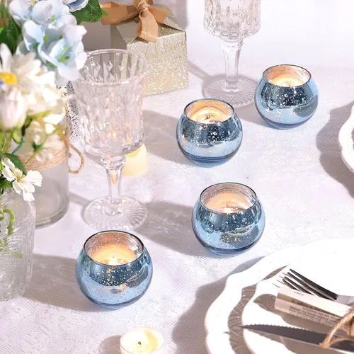 Vista 3 de 12 PCS Portavelas Votivos de Vidrio de Mercurio Azul para Velas de Té - Centros de Mesa Azules para Decoraciones de Despedida de Soltera, Decoración