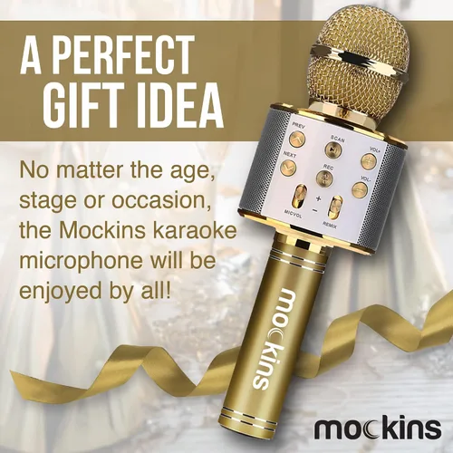 Vista 6 de Mockins Micrófono de karaoke Bluetooth dorado para niños con micrófono Bluetooth integrado, altavoz inalámbrico para karaoke compatible con iPhone