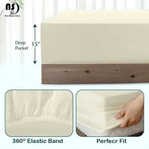 Vista 4 de NON Sticky cotton Juego Premium de 4 Piezas de Sábanas Bajeras de Algodón Egipcio Tamaño Queen, Sábanas de Cama de Calidad Hotelera Suaves y Marfil