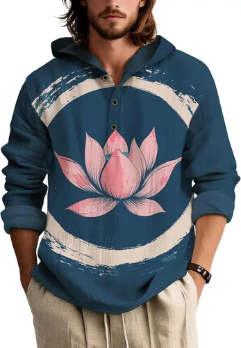 Vista 6 de Sudadera con capucha con estampado floral colorido para hombre, con botones, holgada, de manga larga, sudadera con capucha de gran tamaño para otoño