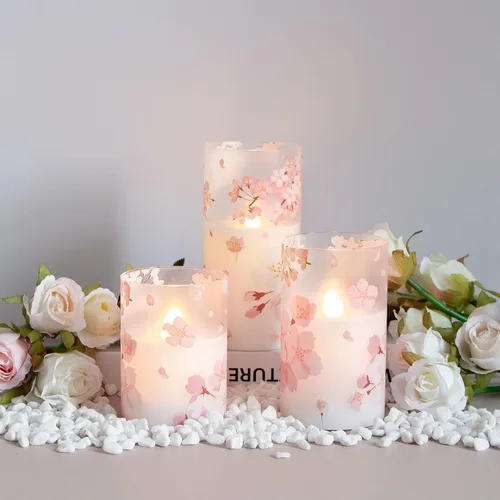Vista 3 de Velas de cristal sin flama parpadeantes con control remoto y temporizador, flores de cerezo LED, cera real operadas por batería, juego de 3 velas