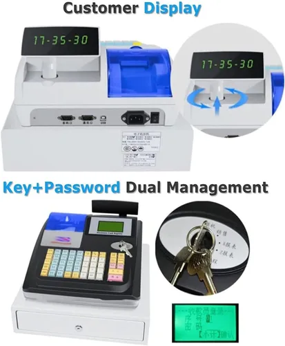 Vista 6 de Caja registradora electrónica de 48 teclas, pantalla LED digital de 8 con cajón de efectivo de 12 V, teclado plano e impresora térmica, caja
