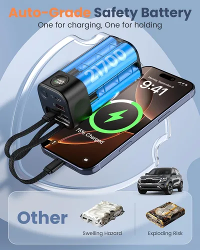 Vista 5 de Cargador Portátil Power Bank 20,000mAh para Viajes y Aire Libre, Cargador Portátil de Super Carga Rápida PD 35W con 2 Cables Integrados, Pantalla