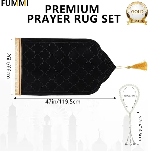 Vista 3 de FUMMI Alfombra de oración musulmana, antideslizante, suave, islámica, para hombres y mujeres, elegante Janamaz con cuentas Tasbih (negro)