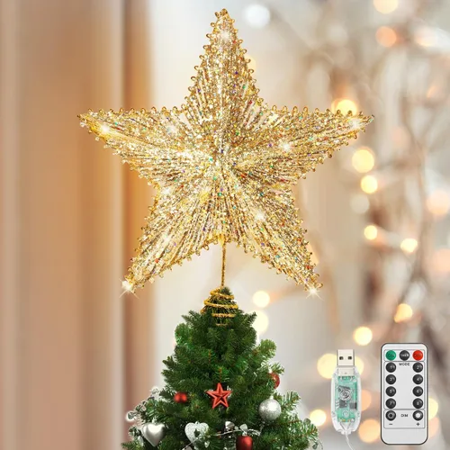 Vista 13 de Luxspire Estrella Superior para Árbol de Navidad, Luces LED de Metal con Purpurina 3D para Decoraciones Navideñas, Operada con Control Remoto y USB