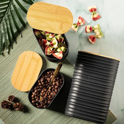 Vista 6 de Mixpresso Juego de recipientes negros para la cocina – Juego de recipientes herméticos de plástico para azúcar de 3 piezas con tapas de bambú
