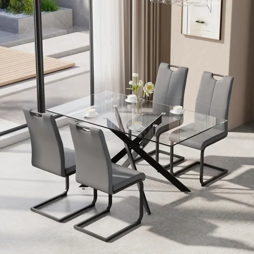 Vista 10 de Juego de Mesa de Comedor de 5 Piezas para 4, Mesa Rectangular Moderna de Vidrio con 4 Sillas Tapizadas de Cuero, Muebles de Comedor que Ahorran