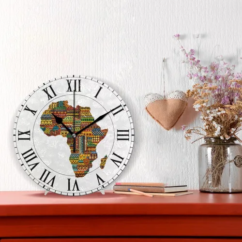 Vista 2 de ALAZA - Reloj de pared redondo con mapa étnico de África, silencioso, sin tictac, pintura al óleo para el hogar, oficina, escuela, arte decorativo