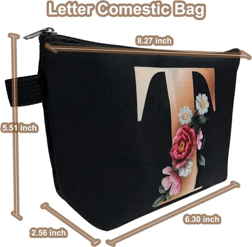 Vista 4 de CTNUOBEE Bolsa de comestic con letras del alfabeto dorado con bolsa de maquillaje de flores, bolsa de viaje portátil con cremallera, bolsa de aseo