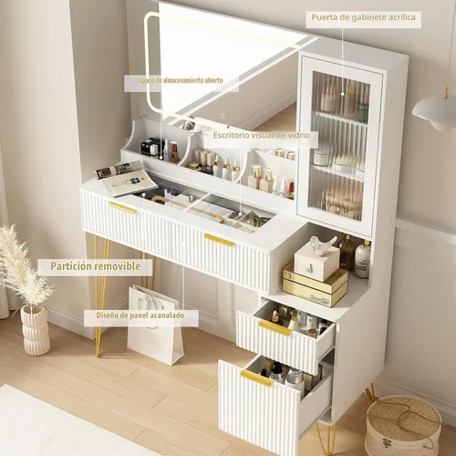 Vista 4 de Escritorio de tocador de 43 pulgadas con espejo y luces, mesa de tocador de maquillaje con 4 cajones, tocador blanco para dormitorio, escritorio
