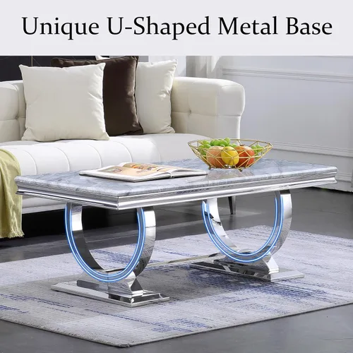 Vista 4 de Mesa de centro moderna, mesas de centro con pedestal de base en U plateadas para sala de estar, mesa de centro rectangular de 48 pulgadas en gris