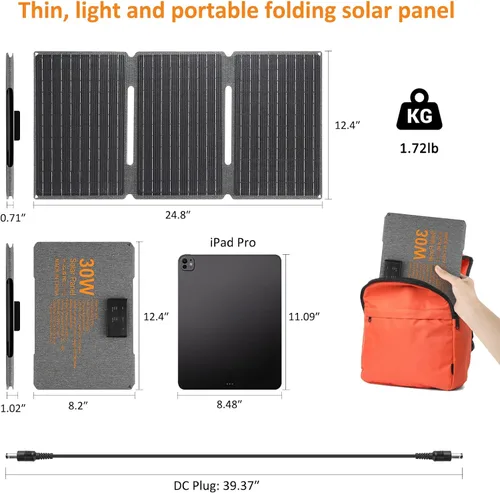 Vista 2 de Panel solar plegable de 30 W con USB 3.0 tipo C y salidas de CC 23.1% de alta eficiencia ETFE cargador solar portátil monocristalino