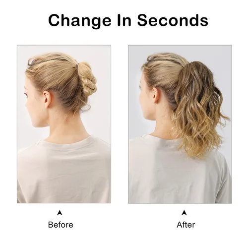 Vista 6 de Cola de caballo rizada, cola de caballo de ondas sintéticas para mujer, extensiones de cabello corto y grueso con clip en cola de caballo ondulada