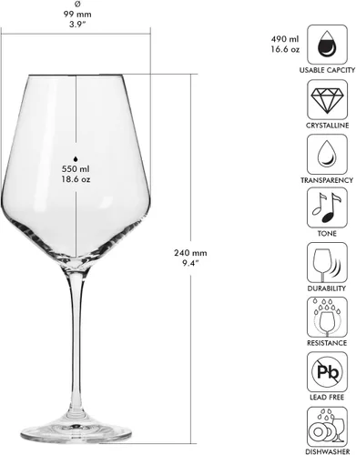 Vista 2 de KROSNO Juego de 6 copas de vino tinto de 16.6 oz, colección vanguardista