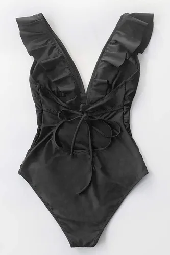 Vista 4 de CUPSHE Traje de baño de una pieza con volantes y cuello en V para mujer, con cordón