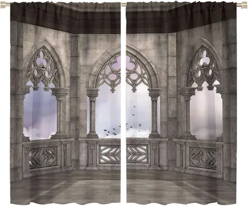 Vista 23 de Cortinas góticas con diseño de luna de Halloween, historia, puerta espeluznante, fondo de terror, vela, ficción, patrón de impresión, sala de estar