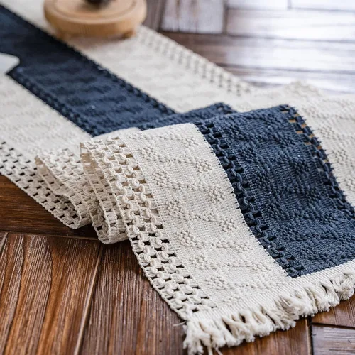Vista 10 de Camino de mesa de macramé, color beige crema, bohemio, con borlas, camino de mesa de algodón tejido a mano, camino de mesa rústico para cocina