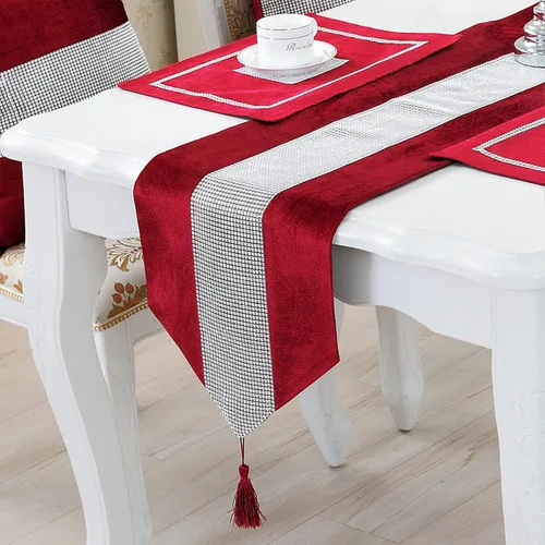Vista 13 de Camino de mesa largo con lentejuelas y diamantes de imitación y borlas para comedor, Navidad, boda, fiesta, decoración de mesa
