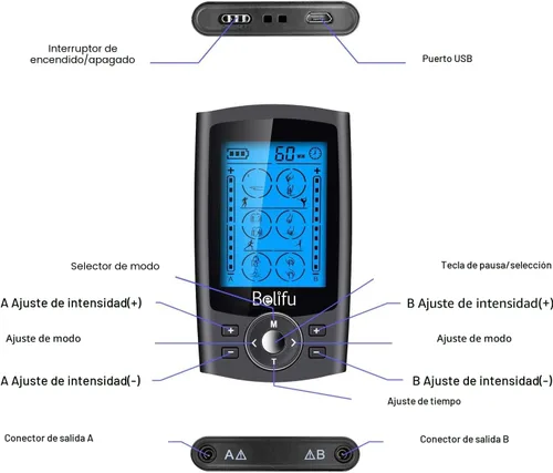 Vista 7 de Belifu Unidad TENS EMS de Doble Canal 24 Modos Estimulador Muscular para Terapia de Alivio del Dolor, Masajeador de Pulso Electrónico Masajeador