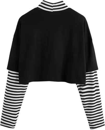 Vista 2 de SweatyRocks - Camiseta corta para mujer, manga larga a rayas, con estampado de mariposas y bloque