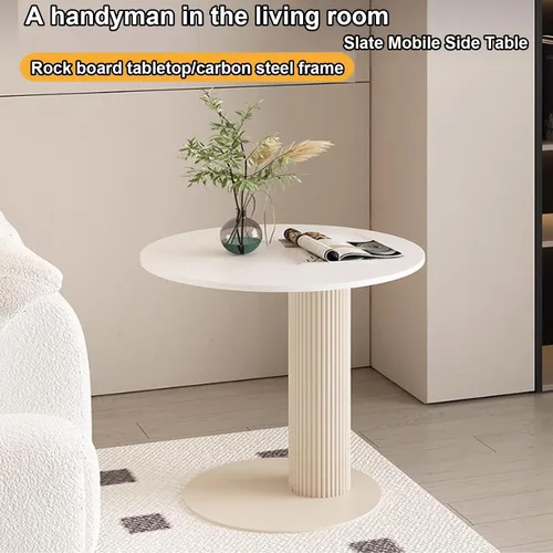 Vista 8 de Sude Table Mesa auxiliar auxiliar para sala de estar, mesa auxiliar con patrón de mármol, la parte superior redonda es fácil de montar, fácil