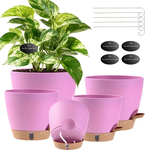 Vista 15 de Paquete de 5 macetas de riego automático de 6 pulgadas para plantas de interior, macetas pequeñas de plástico con indicador de nivel de agua