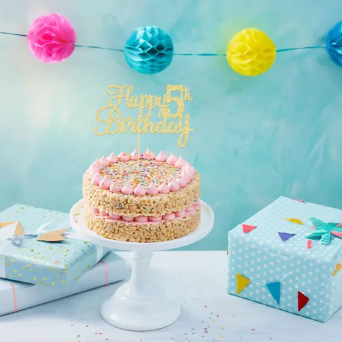 Vista 7 de Gyufise 1 unidad Decoración de pastel de feliz 5 cumpleaños con purpurina, adorno de pastel de feliz 5 cumpleaños, felicitaciones a los 5 años