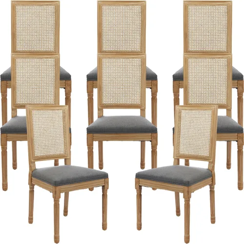 Vista 32 de ODUSE-DAILY Juego de 2 sillas de comedor French Country color beige, sillas de comedor de madera bohemia con respaldo tejido y asiento tapizado