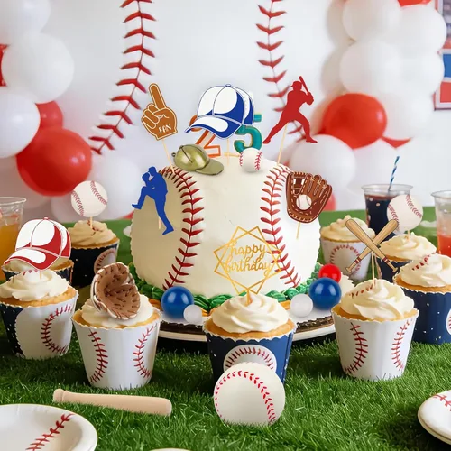 Vista 3 de Juego de 26 decoraciones de pastel de béisbol con mini bolas, jugador, gorras, guantes, murciélagos, adornos de pastel de cumpleaños de béisbol