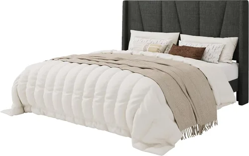 Vista 8 de SHA CERLIN Base de cama tamaño Queen con cabecera geométrica con respaldo de ala, plataforma tapizada con soporte de listones de madera, espacio Gris
