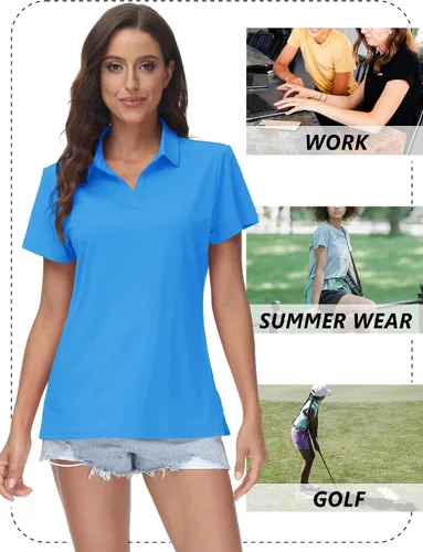 Vista 7 de TACVASEN Polo de manga corta con cuello en V para mujer, con protección solar UPF 50+, secado rápido, para golf