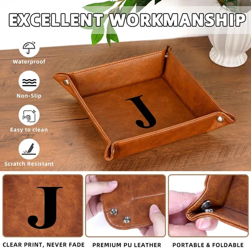 Vista 3 de Funistree Regalos para hombres, papá, marido, Navidad, cumpleaños de hija, hijo, esposa, bandeja de valet de piel sintética con monograma y llavero