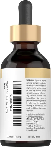 Vista 3 de Carlyle Gotas de vitamina D3 K2 2 onzas líquidas Suplemento MK-7 Fórmula vegetariana, sin OMG, sin gluten y sin soja