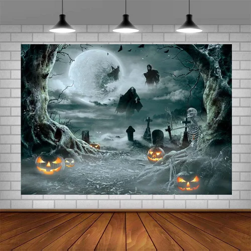 Vista 5 de AIBIIN Telón de fondo de fotos de Halloween de 7 x 5 pies, luna, noche, bruja negra, telón de fondo de Halloween para fotografía de otoño, linterna