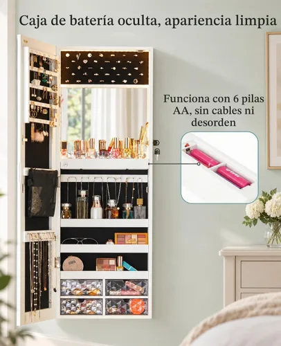 Vista 5 de LUXFURNI - Armario de joyería LED blanco montado en pared, espejo de 42