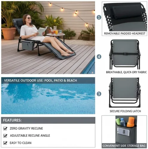 Vista 3 de Tumbona plegable para exteriores, silla de bronceado ajustable de 5 posiciones con almohada extraíble, bolsillo lateral y asa de transporte para Gris