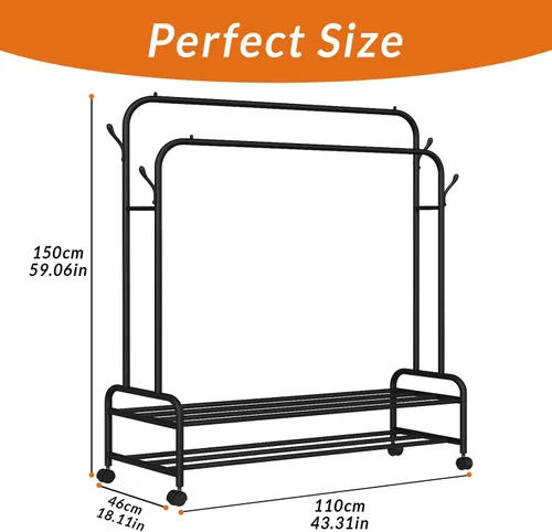 Vista 5 de Perchero resistente, perchero y perchero con ruedas, perchero independiente de doble barra para colgar ropa con estante de 2 niveles y organizador
