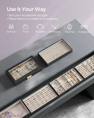 Vista 3 de SONGMICS Bandejas de joyería apilables, caja de joyería de 6 niveles, organizador de joyas con cajón, con tapa de vidrio, divisores extraíbles