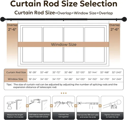 Vista 6 de Zeerobee - Barras de cortina ajustables de 1 pulgada, 32-48 pulgadas, bronce antiguo Heavy Duty Curtain Rods for Windows, Modern Drapery Rod for