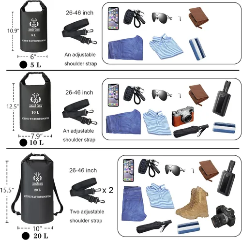 Vista 4 de Bolsa seca impermeable 5L/10L/20L - Mochila impermeable enrollable para kayak con doble cierre de cremallera y correa de hombro ajustable, Negro, 5
