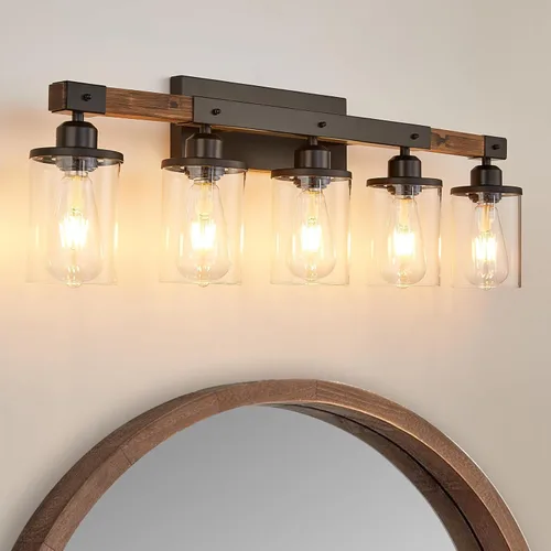 Vista 7 de Luminarias de Baño de 3 Luces, Luz de Tocador de Baño Estilo Granja Madera Rústica Industrial Vintage Negra Pequeña Lámpara de Pared Aplique sobre
