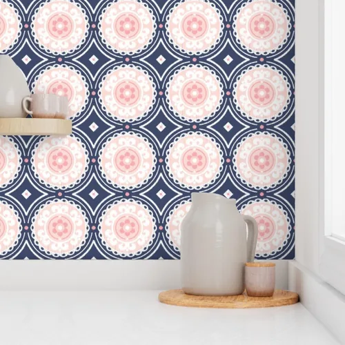 Vista 8 de Spoonflower Navy Pink White Pre-Pasted Removable Wallpaper Sample 12" x 24" Navy Pink White Circle Girls Room Self-adhesive, removable and