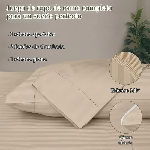 Vista 3 de Threadmill Juego de ropa de cama de algodón de lujo de 500 hilos tamaño Queen de 4 piezas, sábanas suaves y sedosas de color beige claro con Rayas