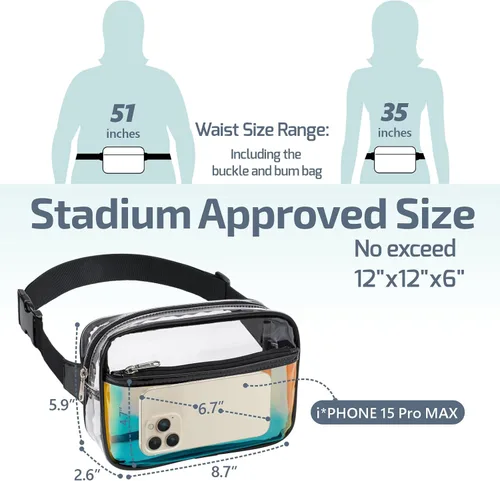 Vista 5 de Veckle Riñonera transparente aprobada para estadios, bolsa transparente para eventos en estadios, bolsa grande transparente para mujer, bolsa