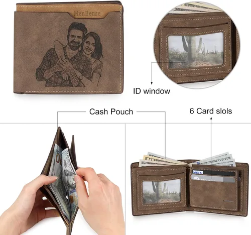 Vista 10 de Carteras personalizadas para hombres, cartera personalizada para hombre con imagen grabada y nombre, billetera delgada de cuero plegable, regalos
