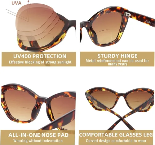 Vista 5 de LADEESSE Pack de 3 gafas de sol bifocales para lectura de mujer, gafas de sol de moda en forma de ojo de gato para lectura al aire libre, protección