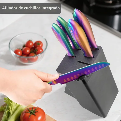 Vista 6 de WELLSTAR Juego de cuchillos arcoíris de 8 piezas, juego de cuchillos de cocina de acero inoxidable alemán iridescente con bloque de madera Juego