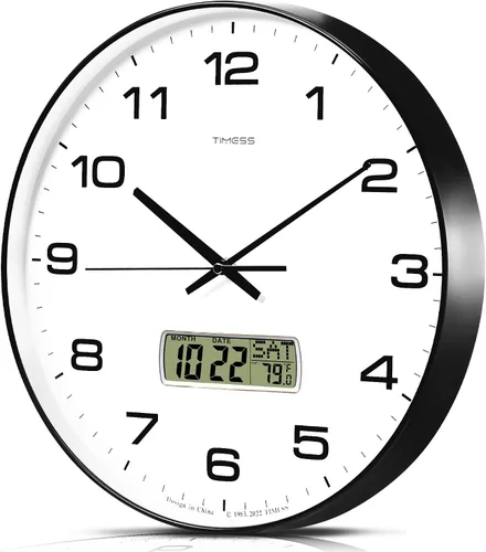 Vista 17 de Reloj de pared TIMESS, de 14" con gran esfera silenciosa y sin tictac, funciona con pilas, analógico con pantalla LCD para calendario perpetuo