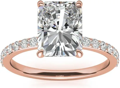 Vista 2 de Anillo de compromiso hecho a mano de oro rosa sólido de 10 quilates de 3 quilates con diamante de moissanita de corte radiante de 3 quilates, anillo