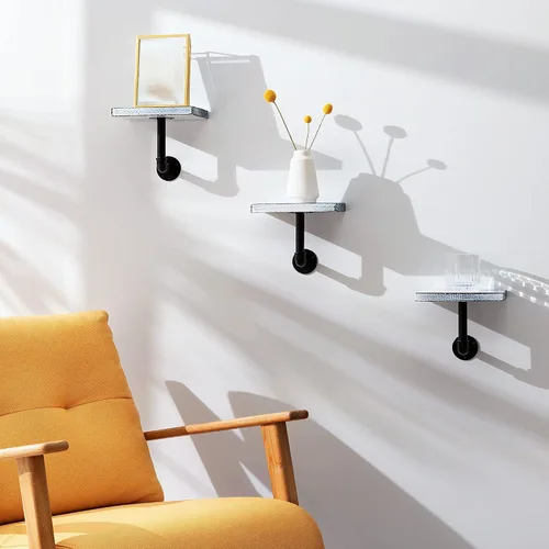 Vista 2 de Navaris Juego de estantes industriales para tuberías, 3 estantes pequeños de madera con soportes de tubo negros, estantería de madera montada
